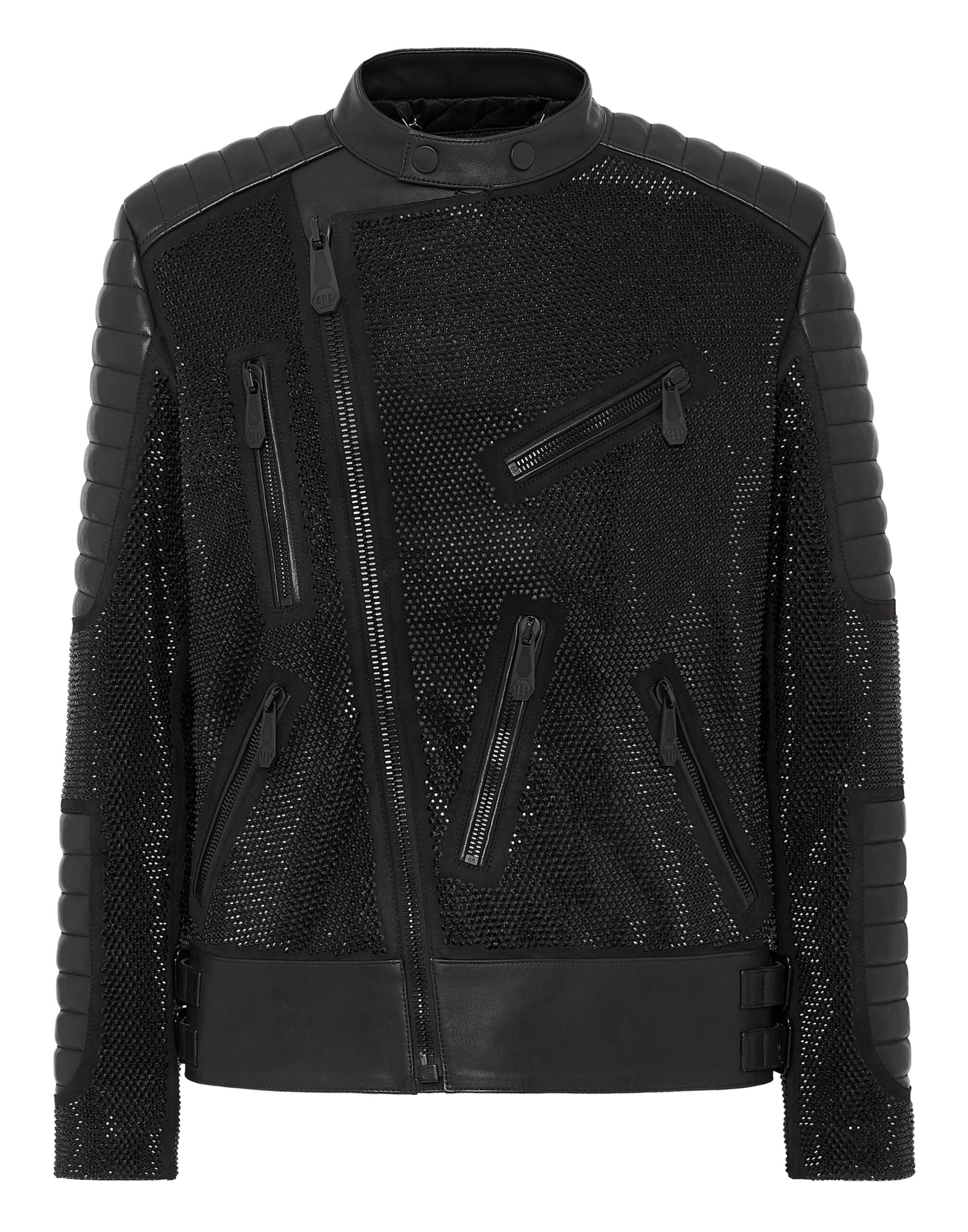 Philipp Plein Crystal Printed Leather Biker Jacket