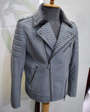 Grey Python Leather Biker Jacket With Fur Collar