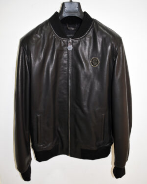 Philipp Plein Black Crystal Leather Bomber Jacket