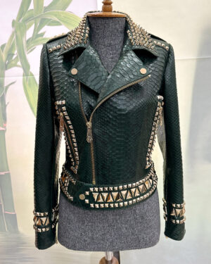 Philipp Plein Womens Green Python Leather Biker Jacket