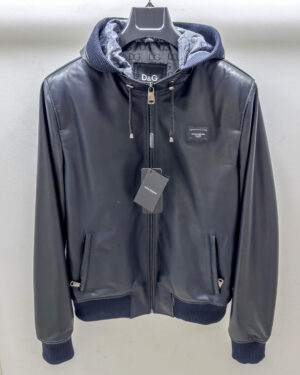 Dolce Gabbana Blue Leather Hoodie Jacket