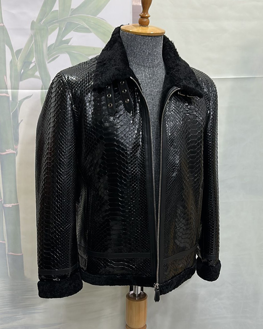 Python Leather Black Shearling Aviator Fur Jacket - Leather Guys