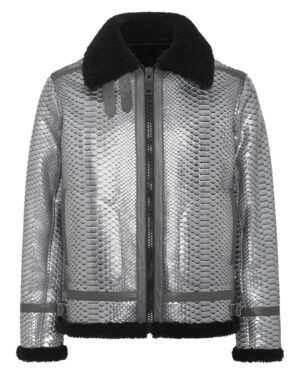 Philipp Plein Python Leather Grey Shearling Fur Jacket