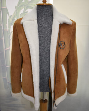 Philipp Plein Tan Shearling Fur Aviator Jacket