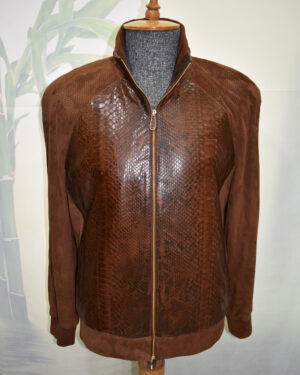 Men Brown Python Leather Perforated Suede Jacket