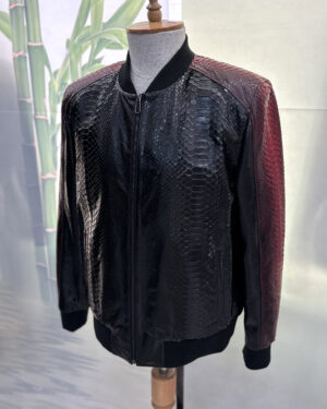 Black Red Python Leather Bomber Jacket