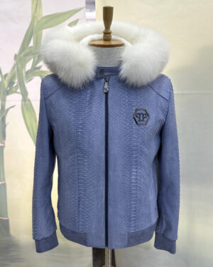 Philipp Plein Blue Nubuck Python Leather Fur Lining Jacket