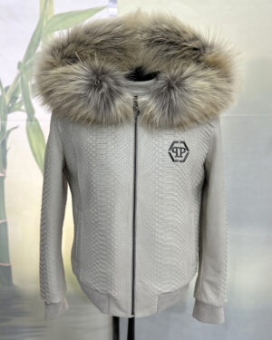 Philipp Plein Beige Nubuck Python Leather Fur Lining Jacket