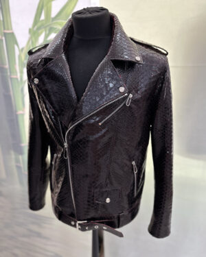 Black Red Python Leather Biker Jacket
