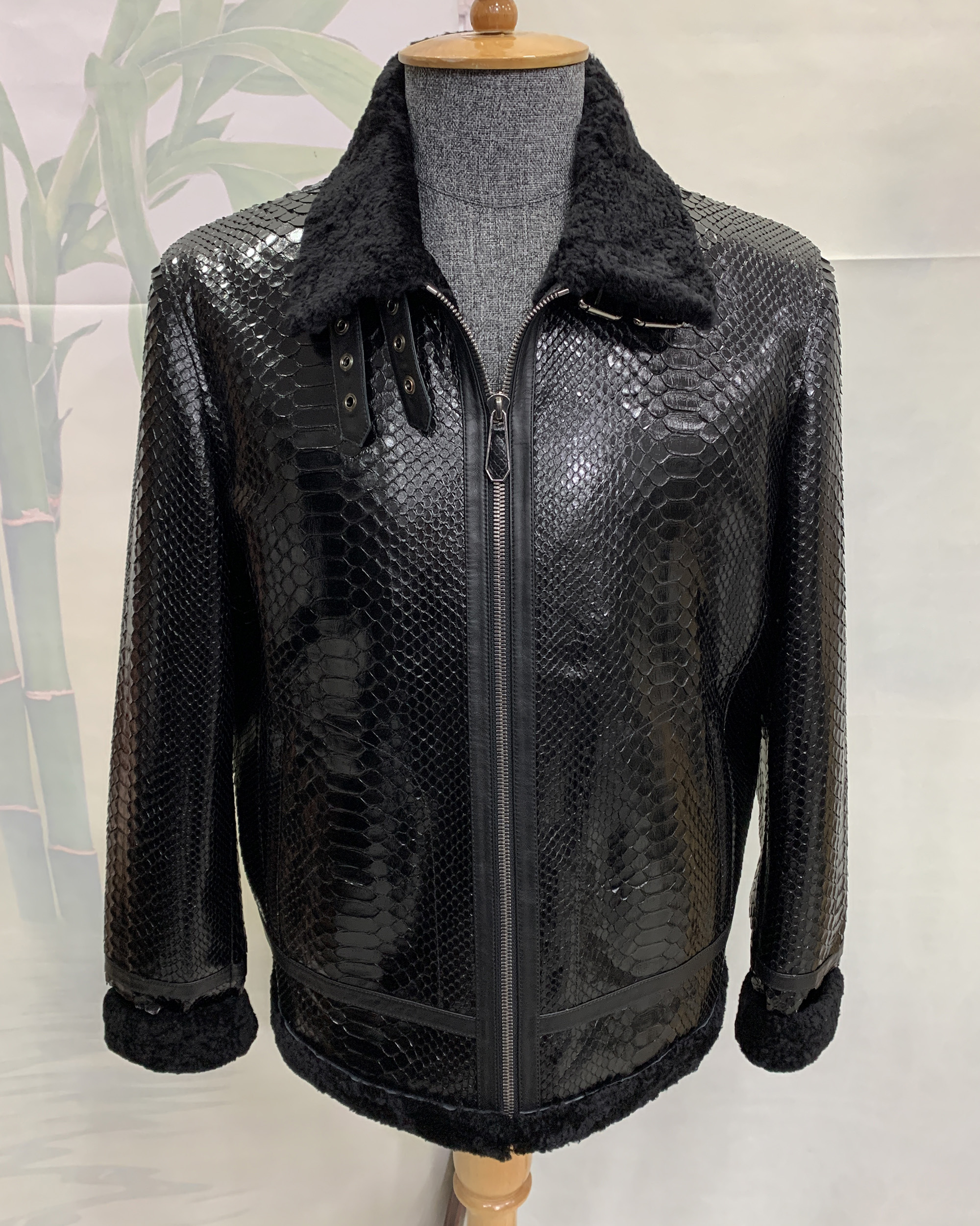 Python Leather Black Shearling Aviator Fur Jacket - Leather Guys