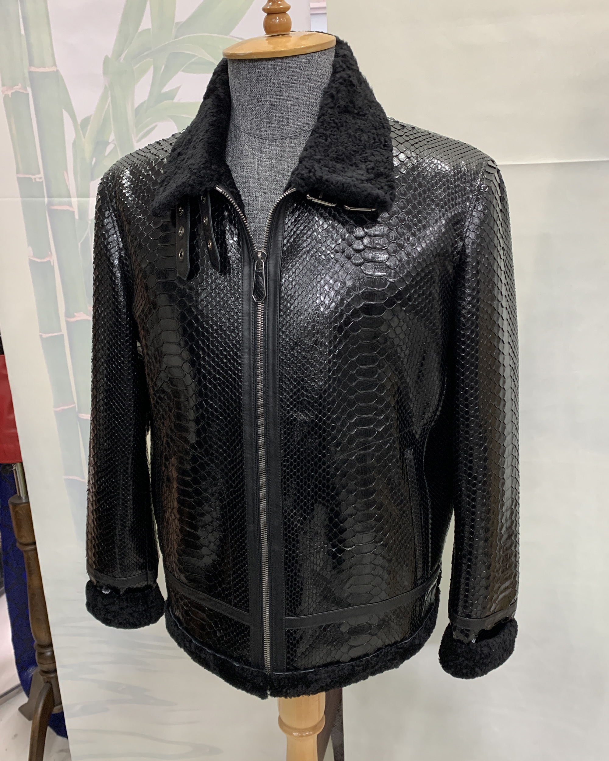 Python Leather Black Shearling Aviator Fur Jacket - Leather Guys
