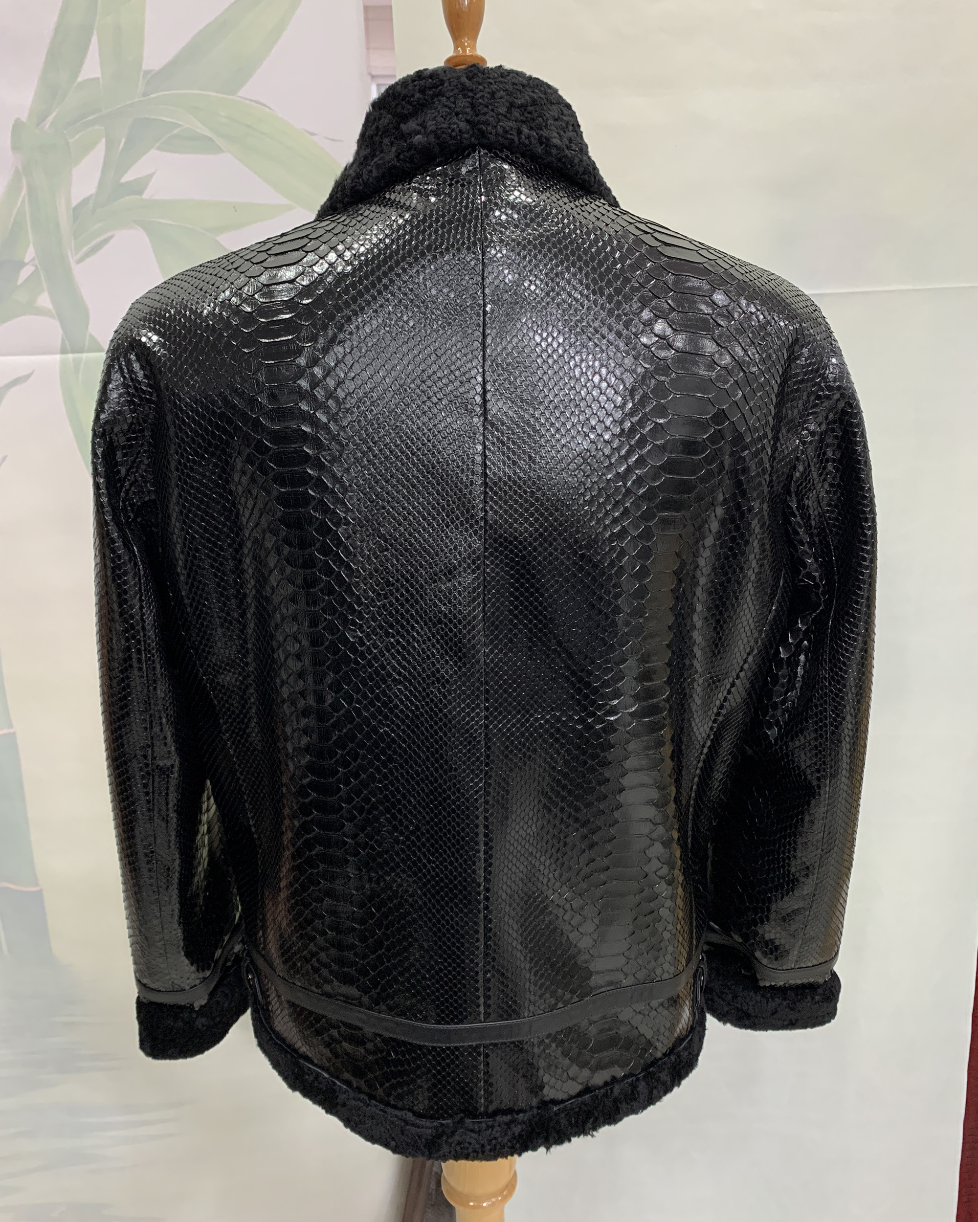 Python Leather Black Shearling Aviator Fur Jacket - Leather Guys