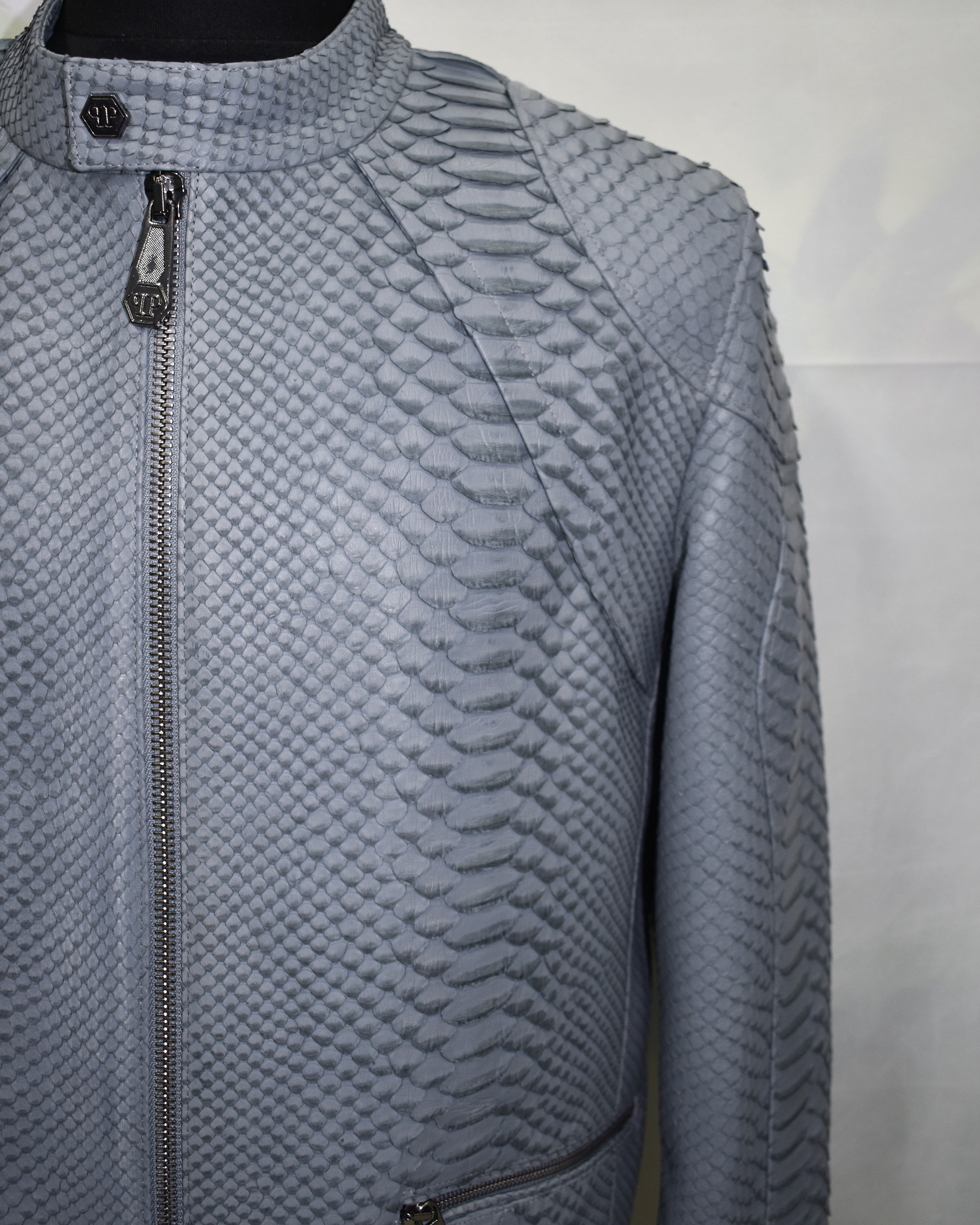 Philipp Plein Grey Nubuck Python Leather Jacket - Leather Guys