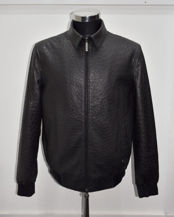 SR Men Black Ostrich Quill Leather Jacket