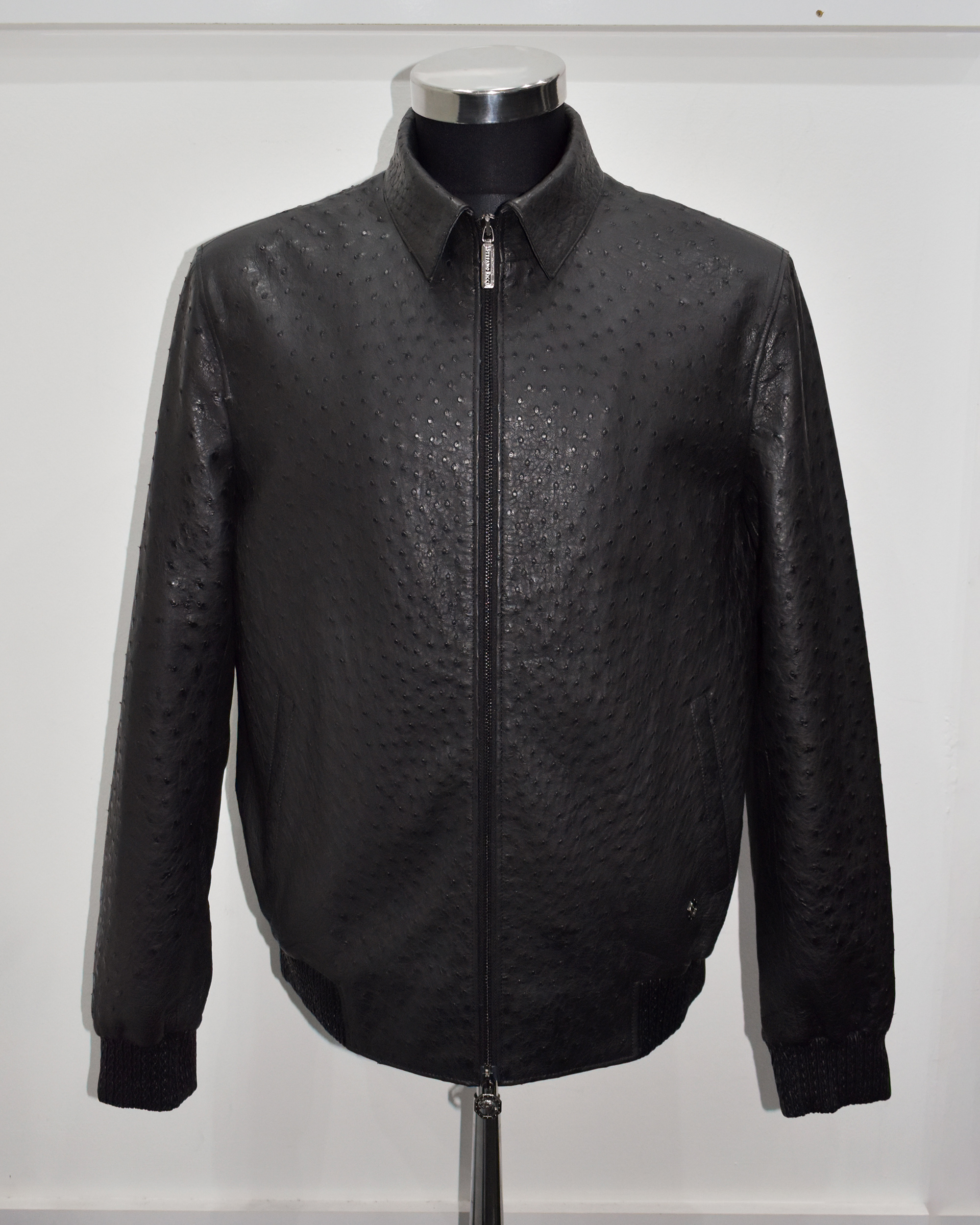 SR Men Black Ostrich Quill Leather Jacket - Leather Guys