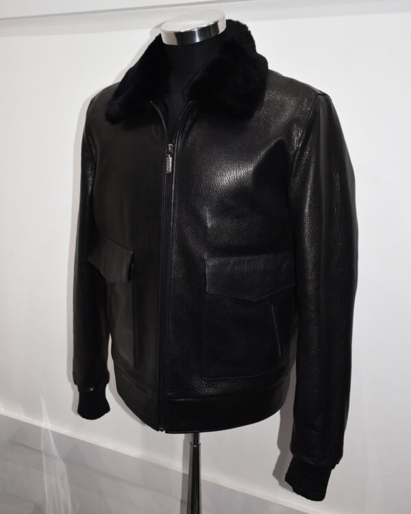 Men's Fur Lining Leather Black Bomber Jacket