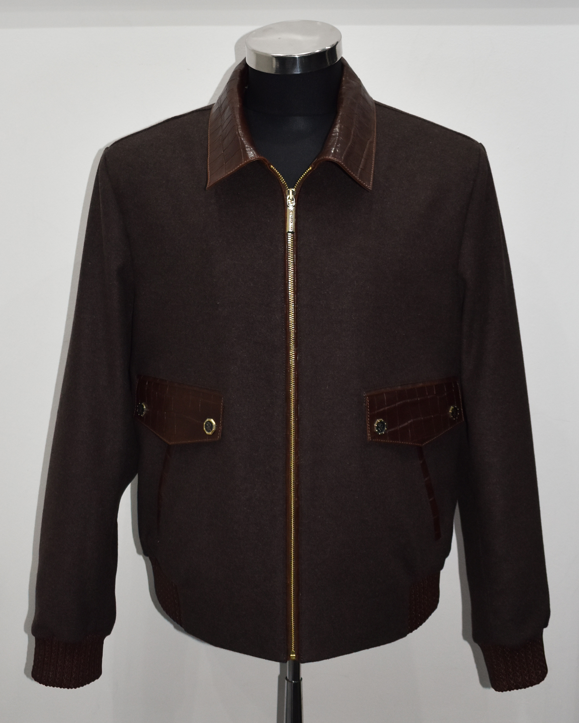SR Brown Leather Trim Wool Jacket