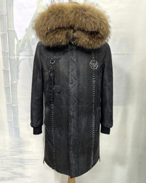Philipp Plein Black Nubuck Python Leather Parka