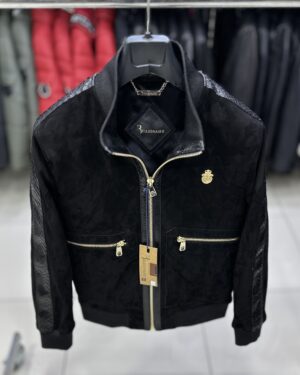 Billionaire Black Suede Python Leather Trim Bomber Jacket