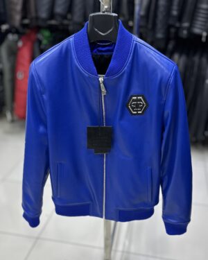 Philipp Plein Blue Leather Bomber Jacket