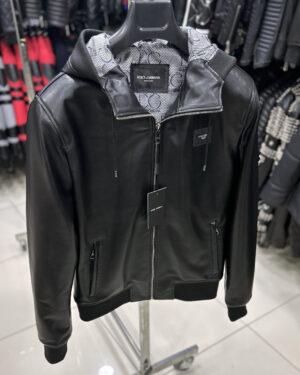 Dolce Gabbana Black Leather Hoodie Jacket