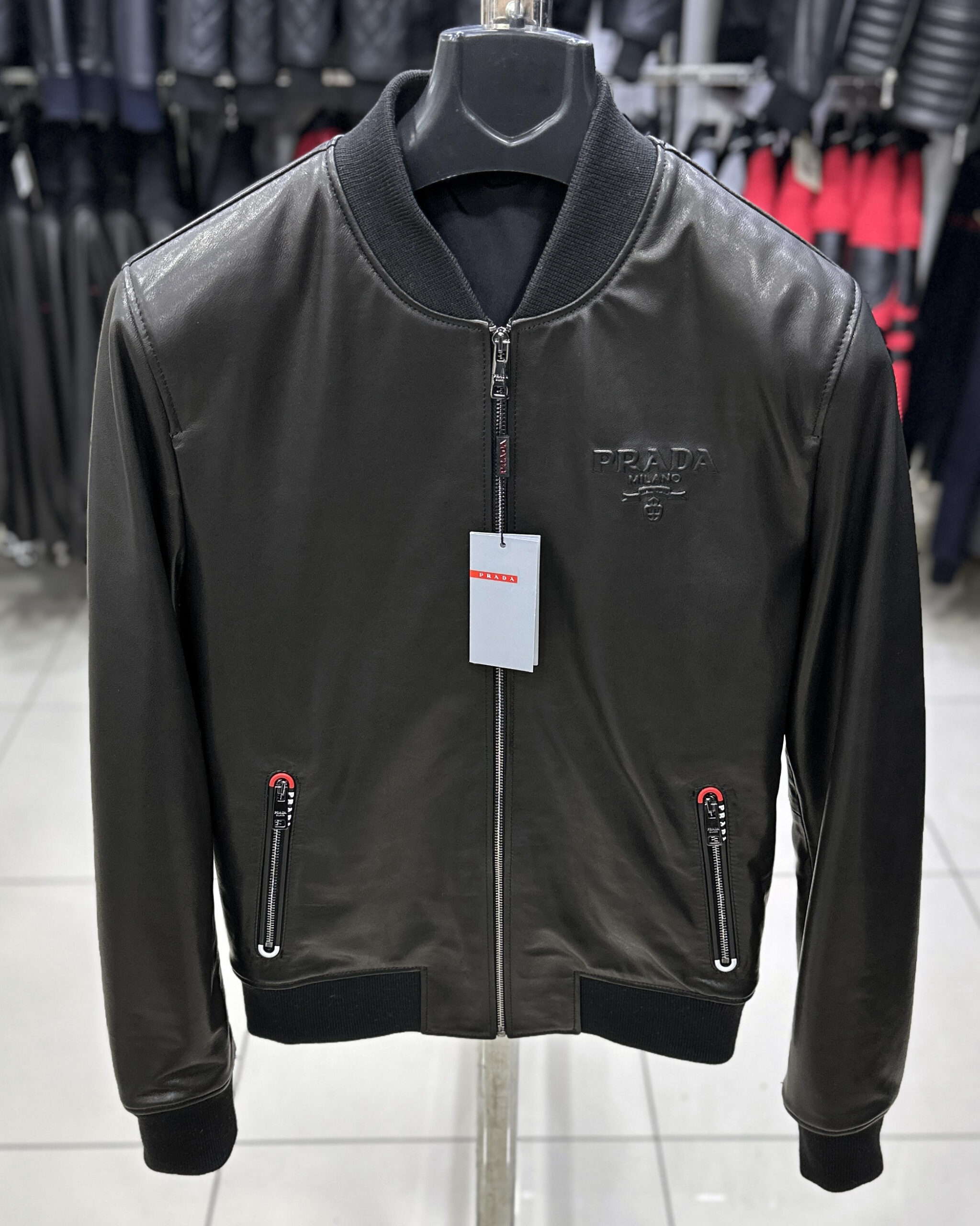 Prada Black Genuine Leather Bomber Jacket - Leather Guys