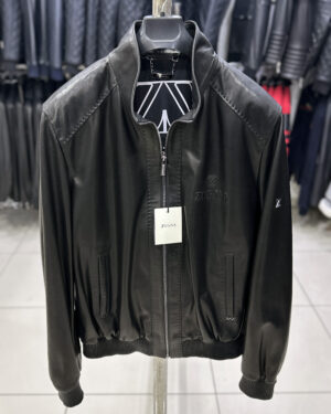 Ermenegildo Zegna Black Leather Bomber Jacket