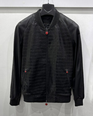 Kiton Crocodile Embossed Black Leather Jacket