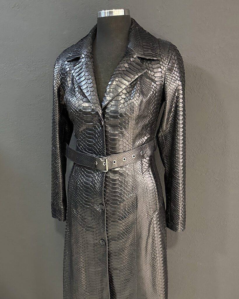 Black Python Leather Long Coat - Leather Guys