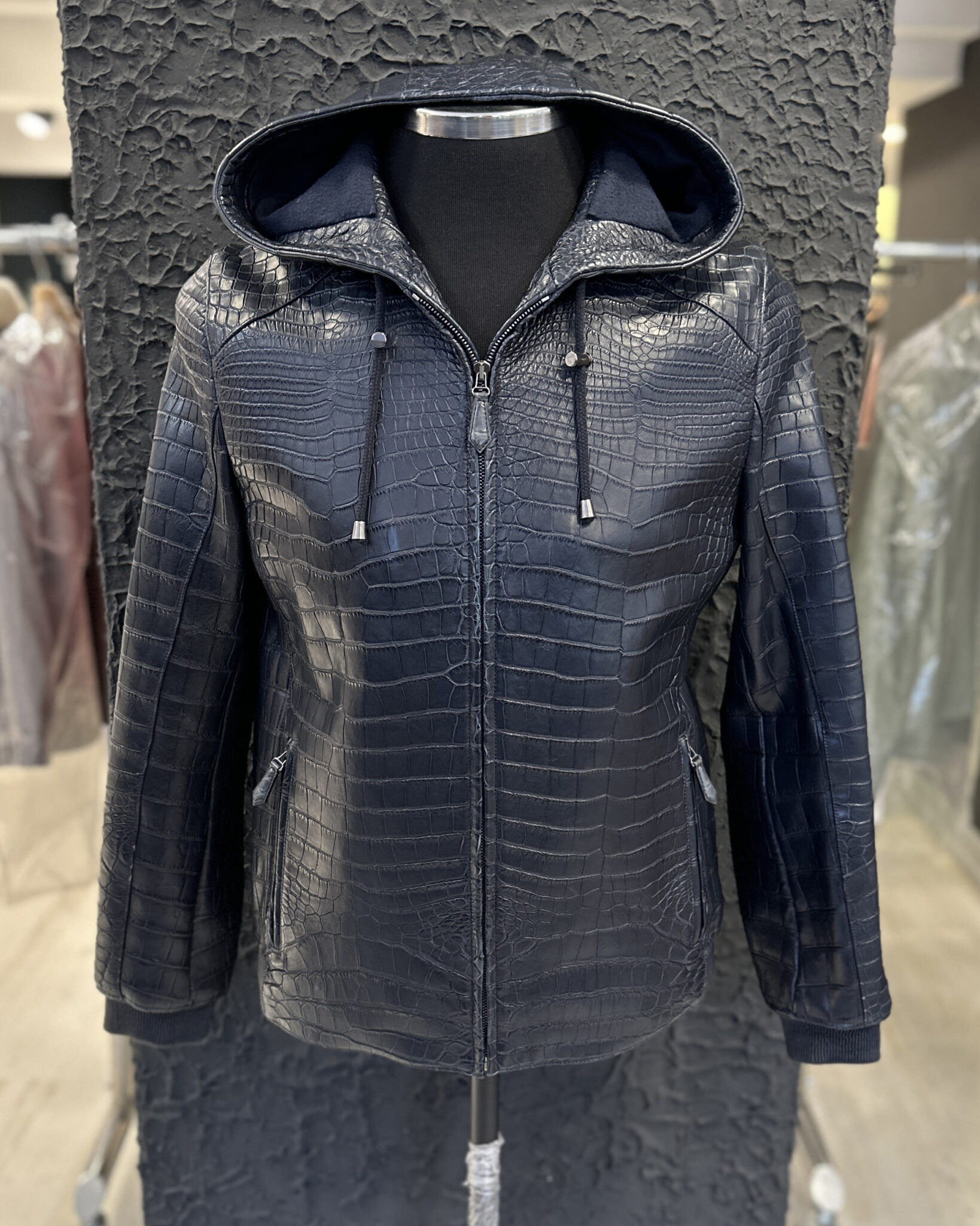 Crocodile Print Faux Leather V-Neck Pocket Jakcet