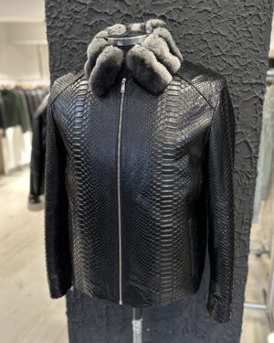 Black Python Leather Fur Collar Jacket