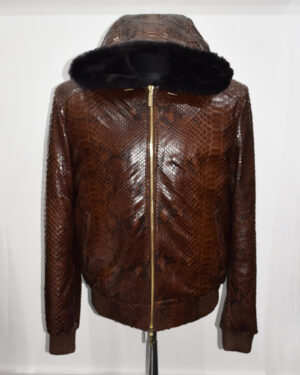 SR Brown Python Leather Fur Lined Hooded Jacket