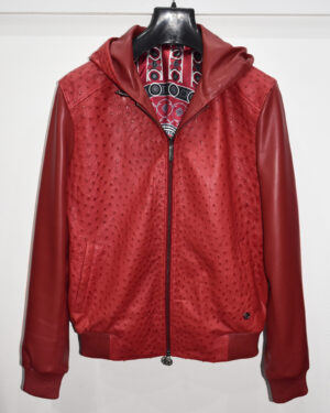 SR Real Ostrich Quill Leather Red Hooded Jacket