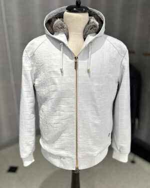 SR Genuine Crocodile Leather White Hooded Jacket