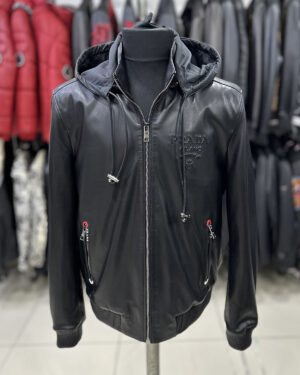 Prada Black Genuine Leather Hooded Jacket